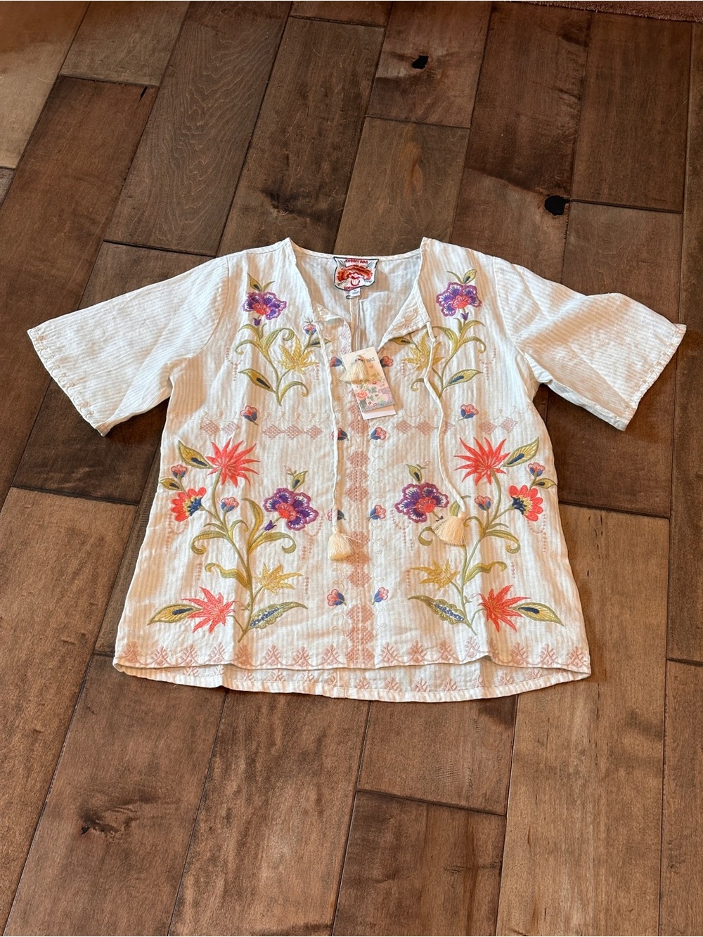 NWT JOHNNY WAS XS Calista Floral Embroidered Linen Blouse Women's Top